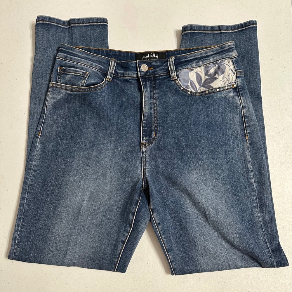 Joseph Ribkoff Floral Studded Pocket Slim Straight Leg Blue Jeans Medium Wash 12